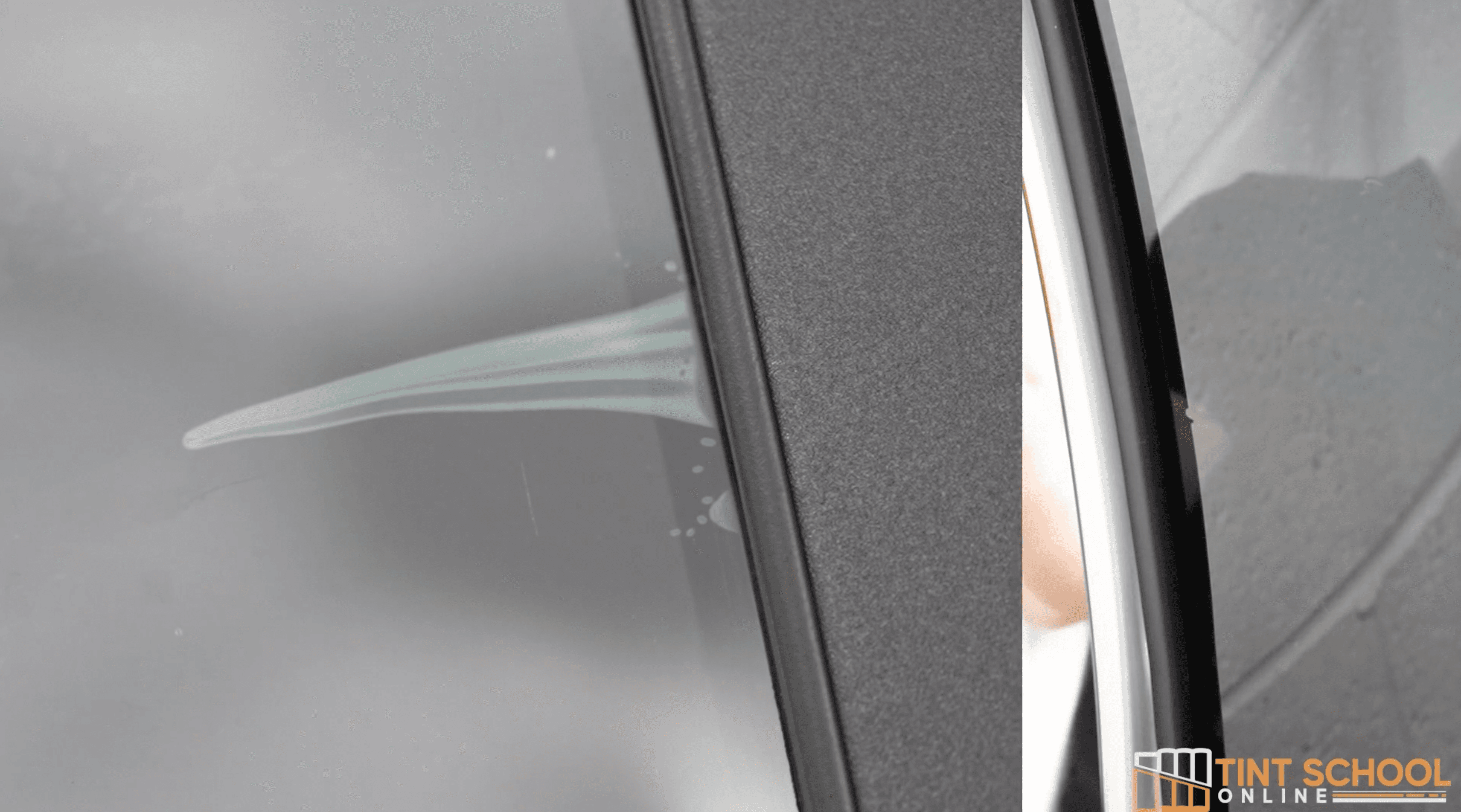 Macro close-up — film edge precision meeting window rubber seal