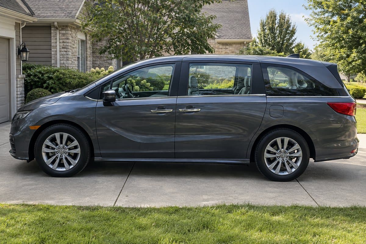 A dark grey Honda Odyssey on a driveway, its windows half clear and half tinted