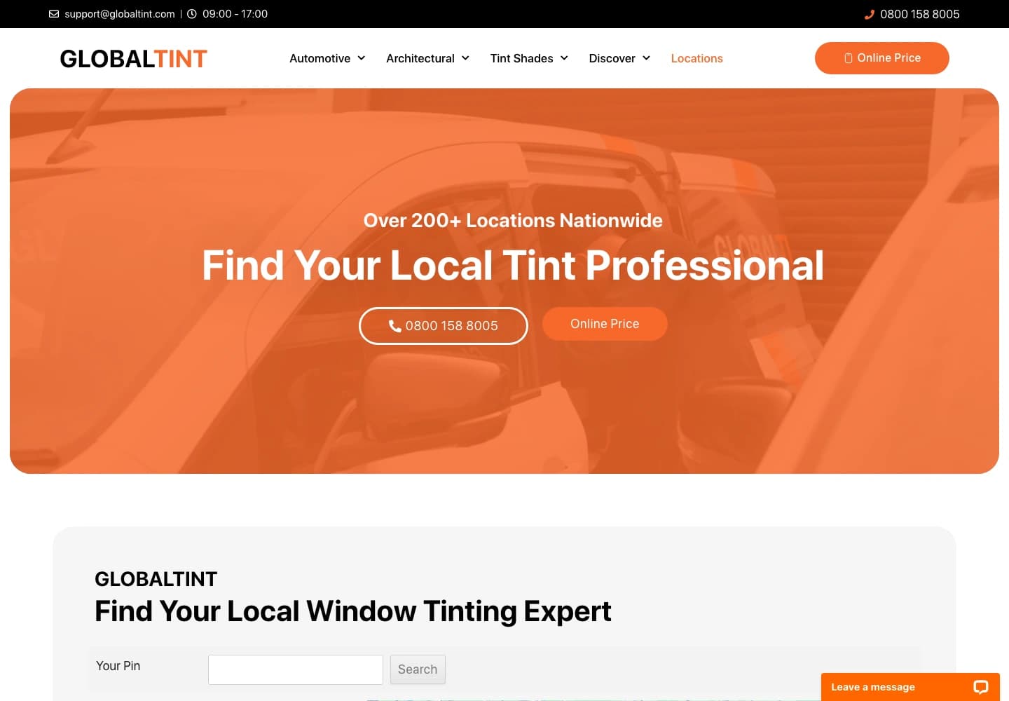 Screenshot of Global Tint’s locations page and nationwide service coverage