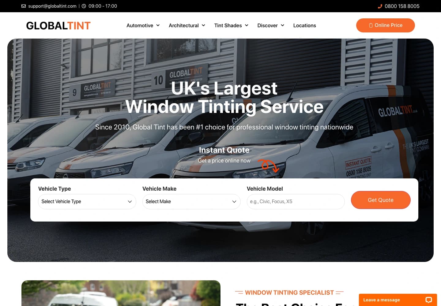 Screenshot of Global Tint’s website showing its window tinting service and branded business