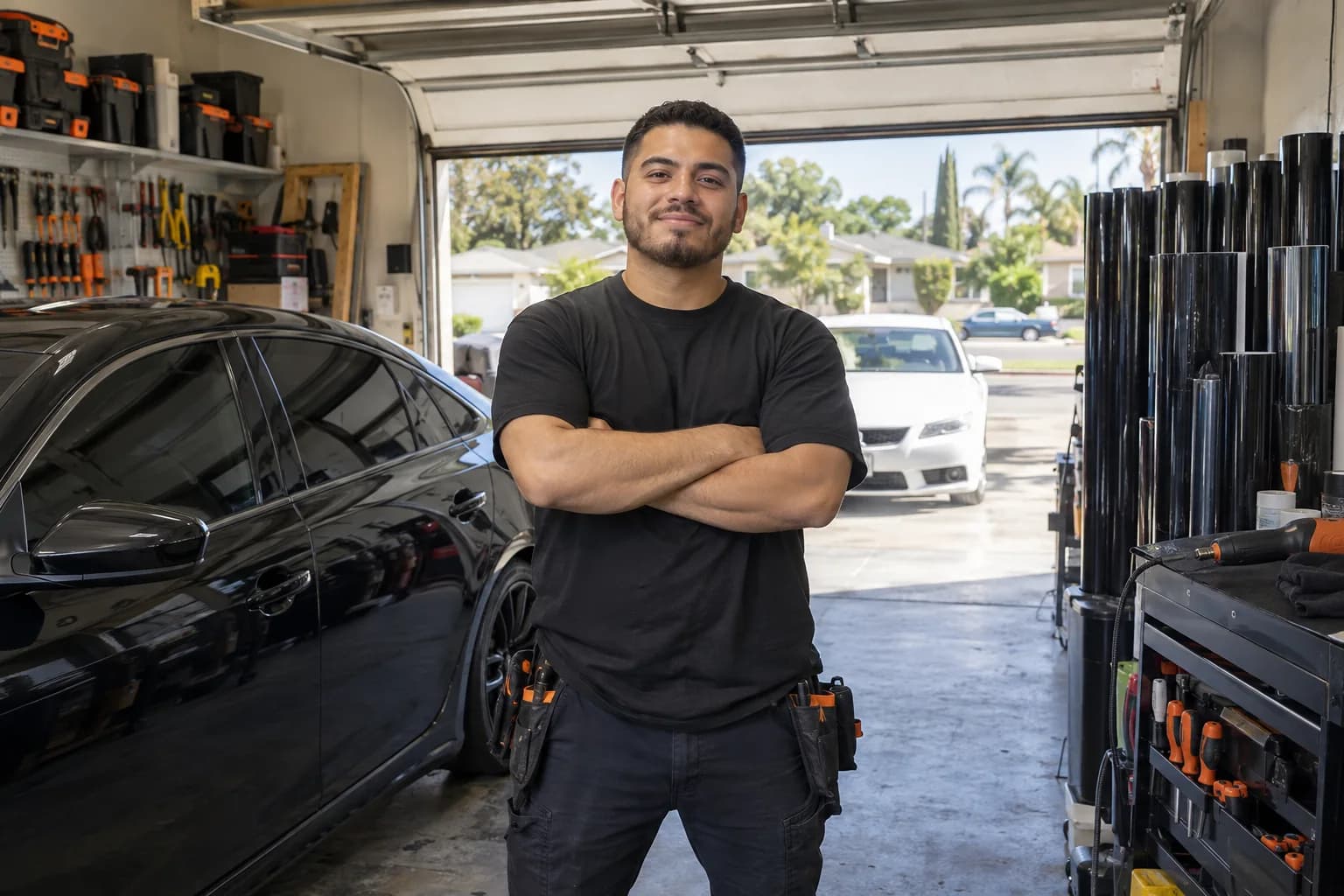 A window tint business owner in his two-car garage