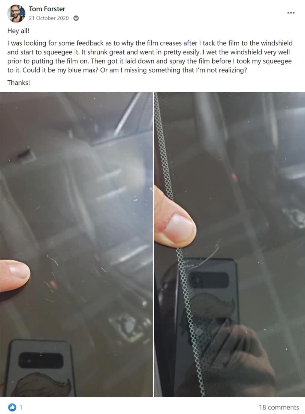 Tom’s original community post asking for feedback on an installation crease