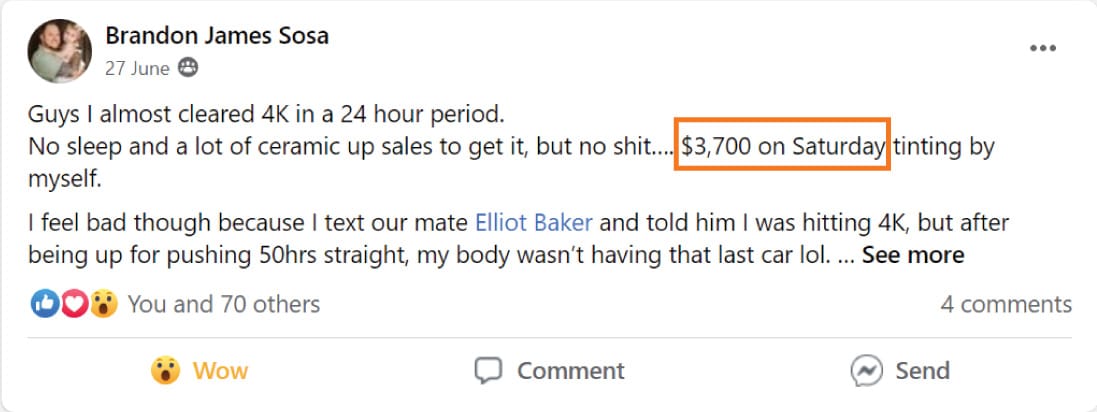 Tint School Online student Brandon R. earning $3,700 per Saturday