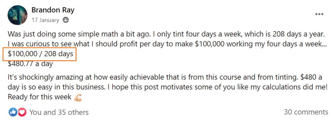 Tint School Online student Brandon earning $100K per 208 days