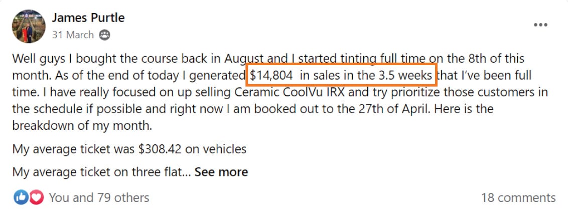 Tint School Online student James earning $14,804 per month