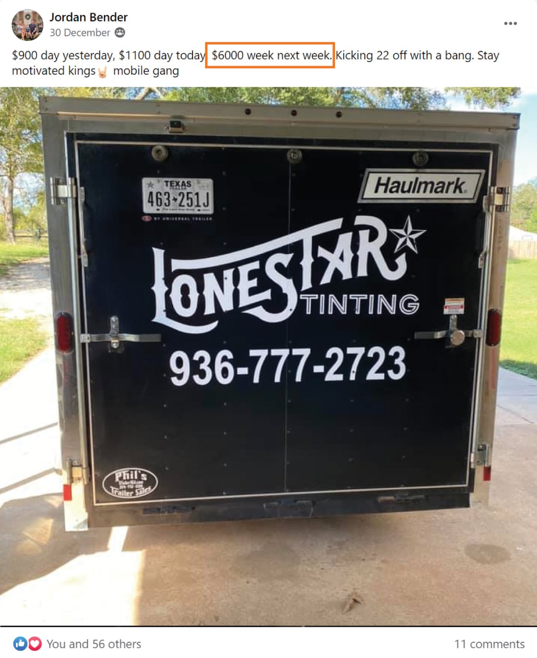 Tint School Online student Jordan earning $6,000 per week