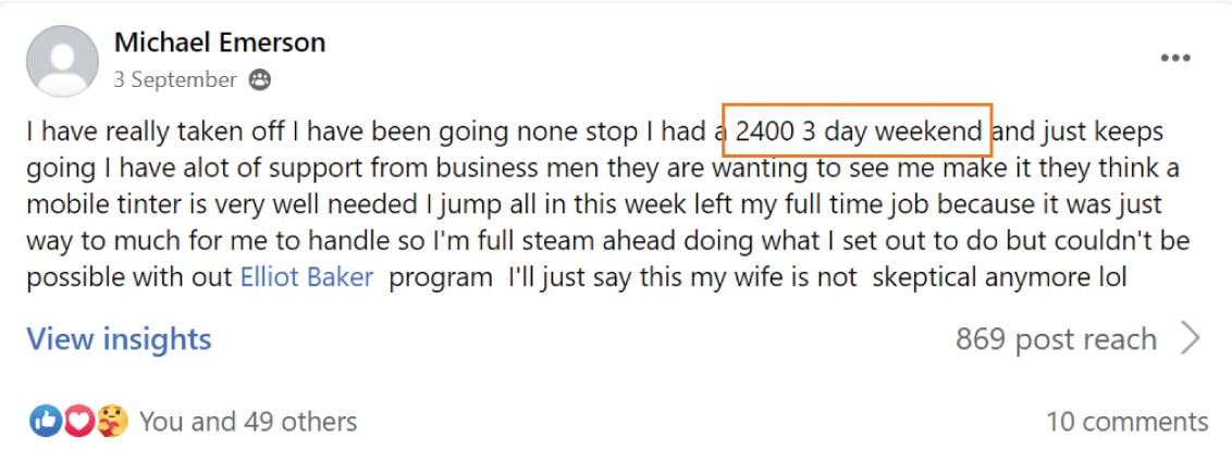 Tint School Online student Michael earning $2,400 per 3 days