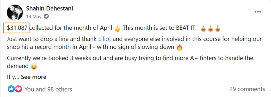 Tint School Online student Shahin earning $31,087 per month